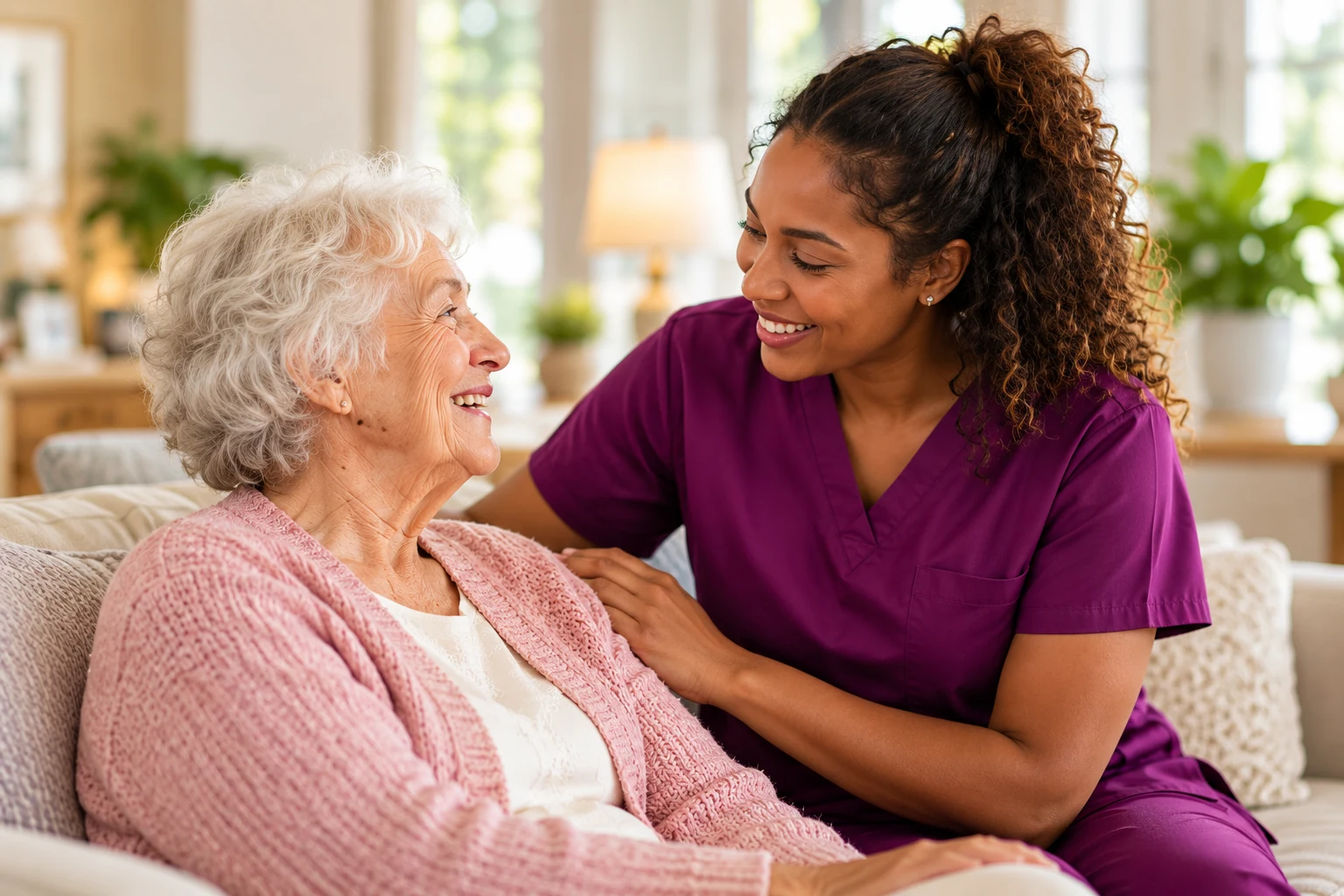 A professional caregiver offering reassuring support to a senior