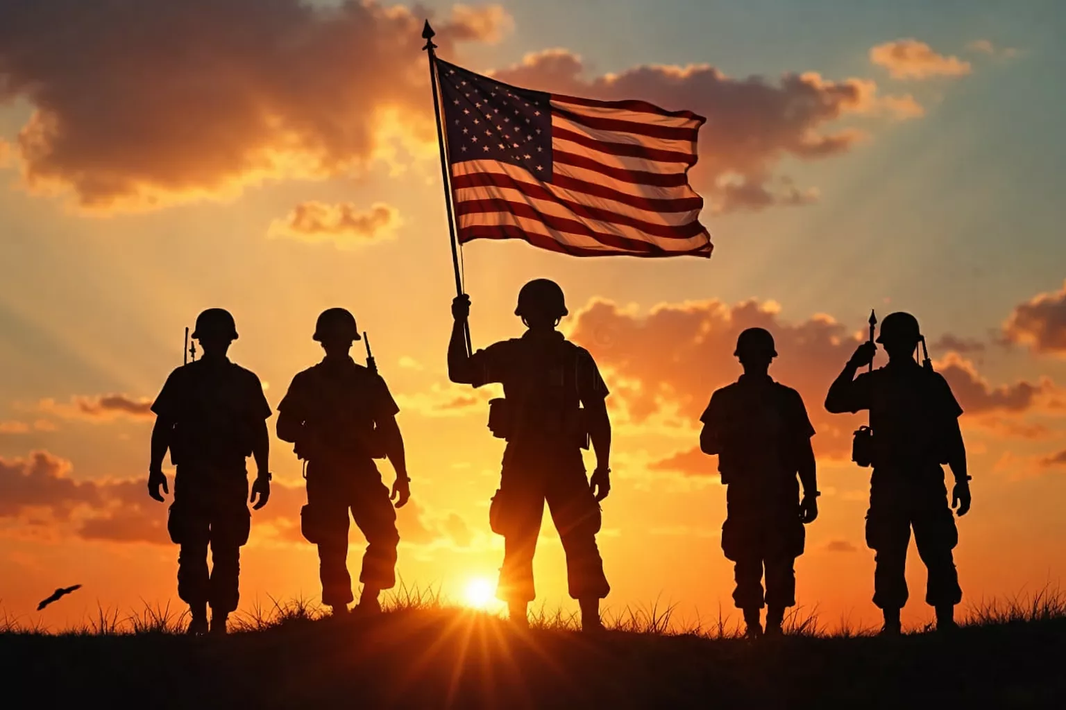 Silhouettes of U.S. soldiers at sunset with American flag