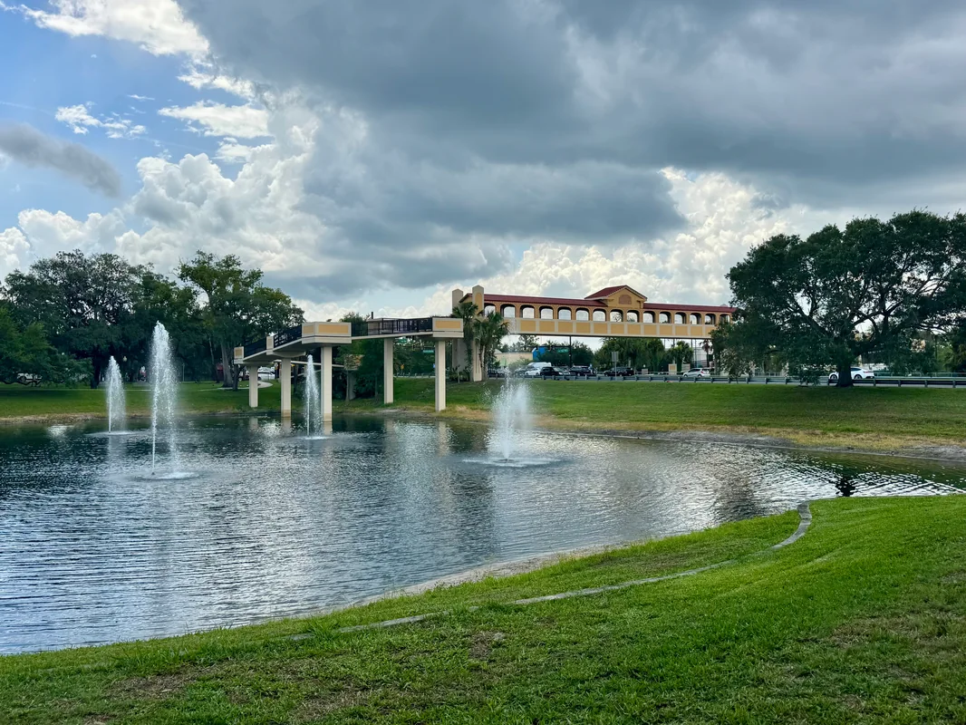Pedestrian bridge and fountain near Lake Mary Boulevard in Lake Mary, Florida