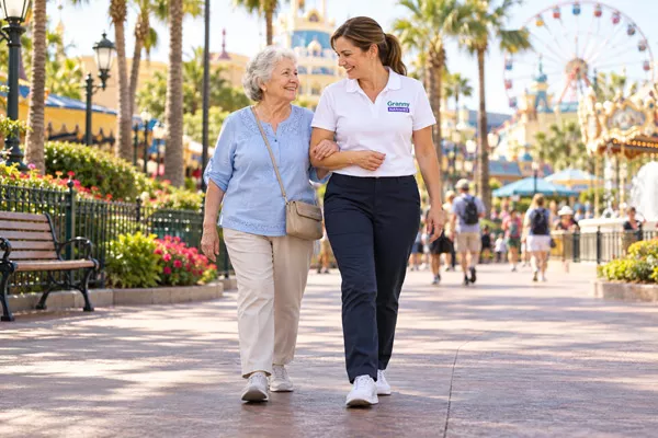 Caregiver assisting a senior woman walking through a theme park